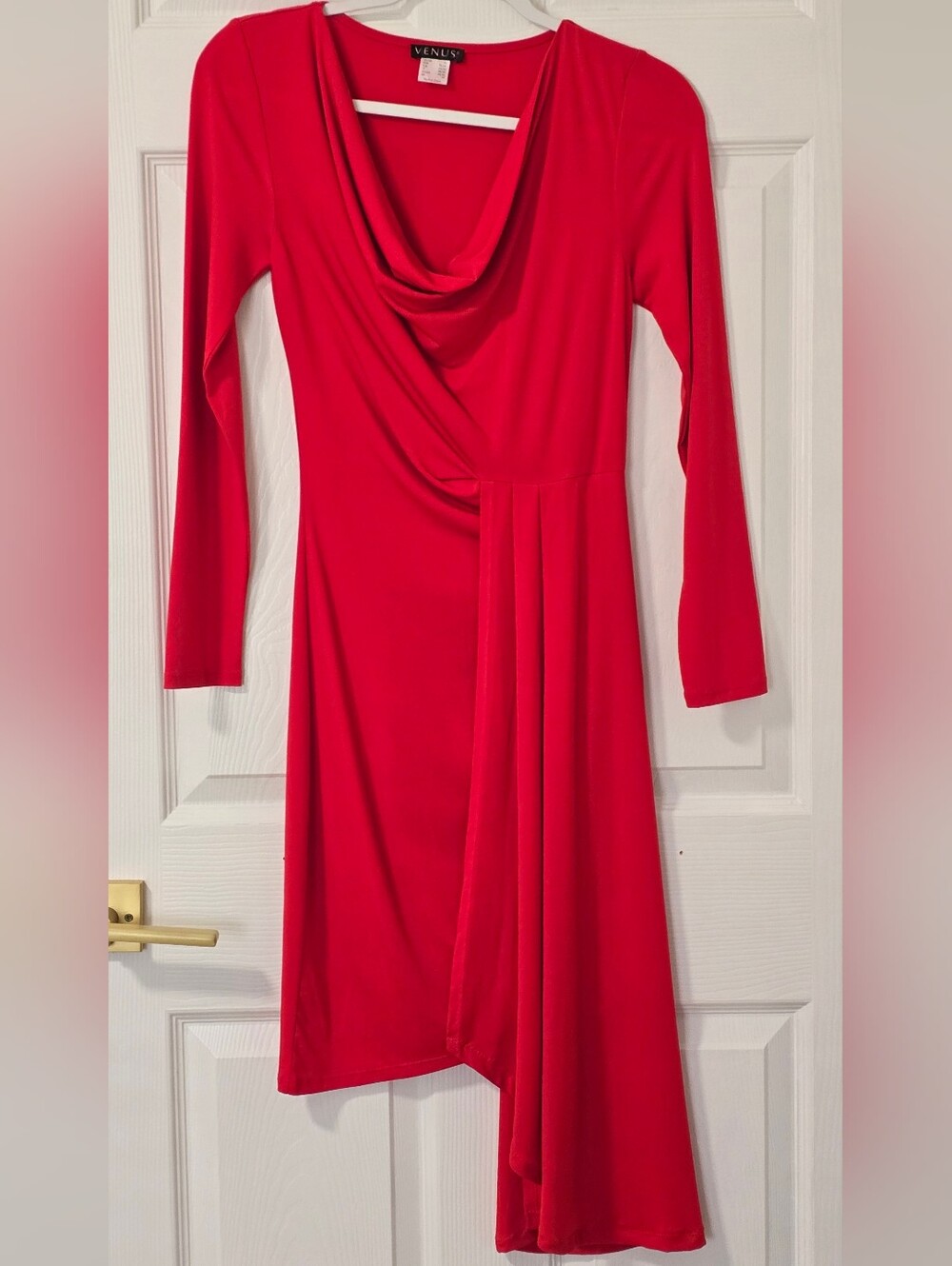 VENUS Red Long Sleeve Asymmetric Cowl Neck Drape Dress Size XS